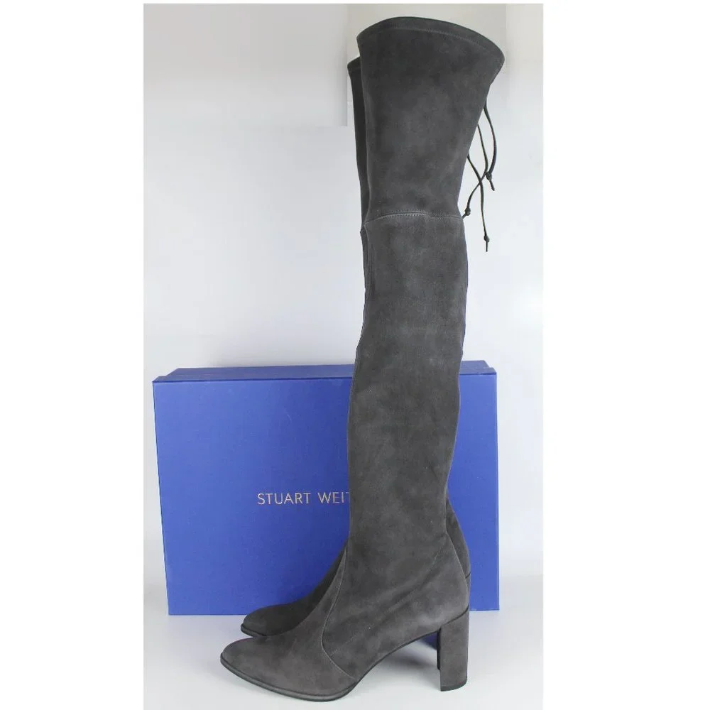 NEW Stuart Weitzman Landmark Pointed Toe Over the Knee Boots, Slate, US 10